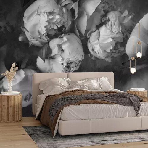 Fotobehang Zwart-wit pioenroospatroon