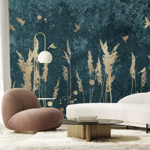 Fotobehang Grassen en vogels op een betonnen achtergrond