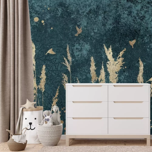 Fotobehang Grassen en vogels op een betonnen achtergrond