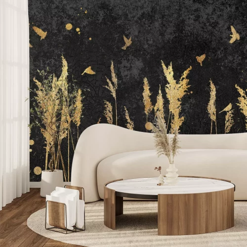 Fotobehang Grassen en vogels op een zwarte betonnen achtergrond