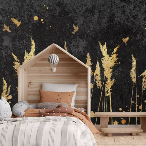 Fotobehang Grassen en vogels op een zwarte betonnen achtergrond