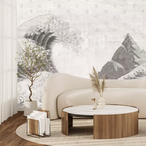 Fotobehang Het grote golfpatroon voor de kust van Kanagawa in monochroom