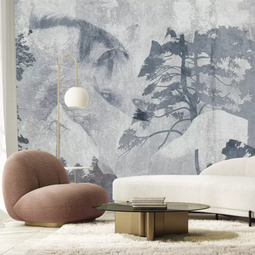 Fotobehang Paarden tegen een boslandschap, abstract portret