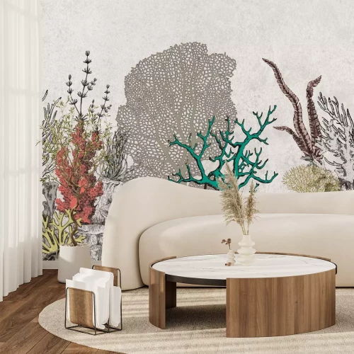 Fotobehang Nautisch patroon met koralen op een gestructureerde achtergrond