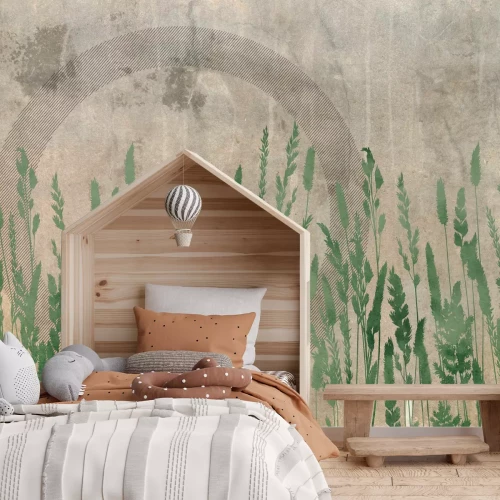 Fotobehang Moderne patronen van veldplanten en geometrische vormen