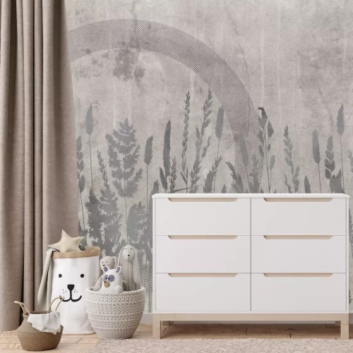 Fotobehang Wilde bloemen met een betonnen achtergrond in een moderne stijl