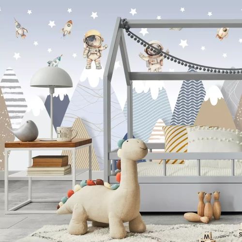 Fotobehang Kosmonauten en bergen 3D-patroon voor kinderen