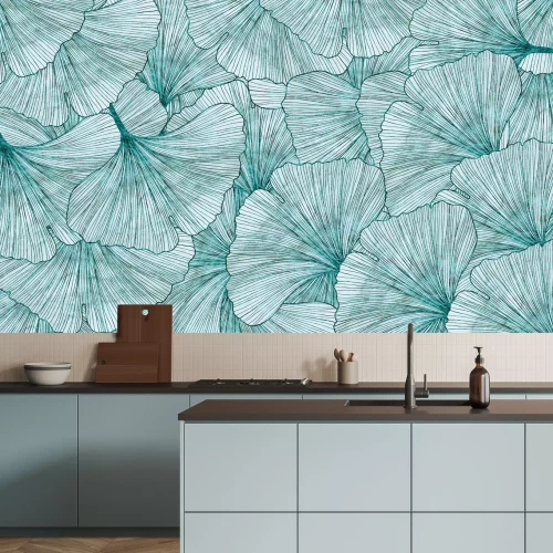 Fotobehang Blauwe ginkgobladeren