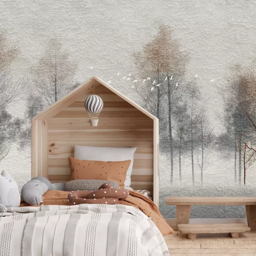 Fotobehang Witte vogels en een mistig boslandschap