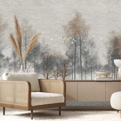 Fotobehang Witte vogels en een mistig boslandschap