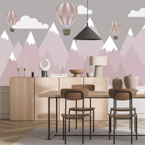 Fotobehang Ballonnen en roze bergenpatroon voor kinderen