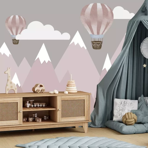 Fotobehang Ballonnen en roze bergenpatroon voor kinderen