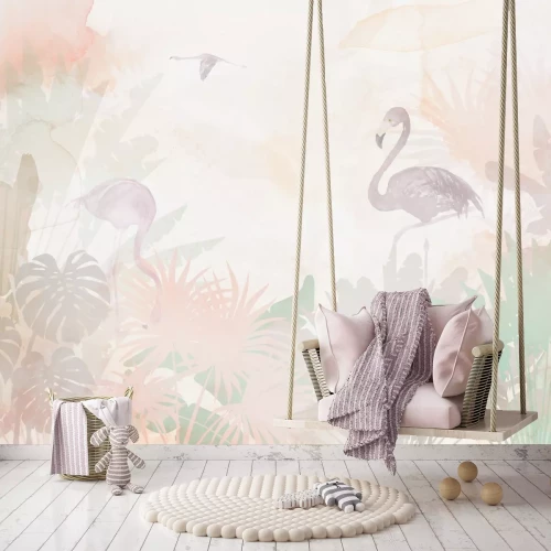 Fotobehang Flamingo's en tropische bladeren in aquarelstijl