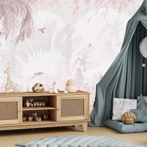 Fotobehang Eenhoorn en flamingo's tussen roze bloemen en planten