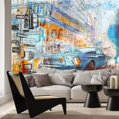 Fotobehang Retro auto op straat aquarel landschap