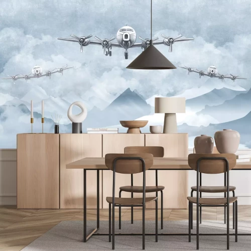 Fotobehang Vliegtuigen tegen een aquarellandschapsachtergrond