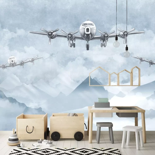 Fotobehang Vliegtuigen tegen een aquarellandschapsachtergrond