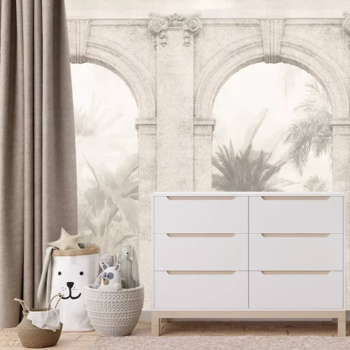 Fotobehang Architectonische bogen en tropisch plantenlandschap