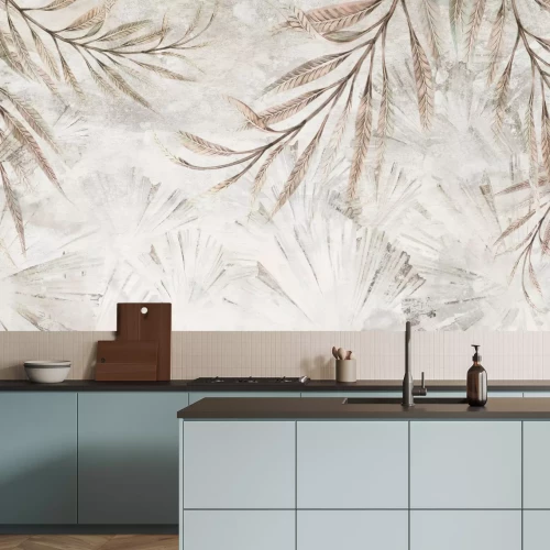 Fotobehang Tropische bladeren op een gestructureerde achtergrond in grijstinten