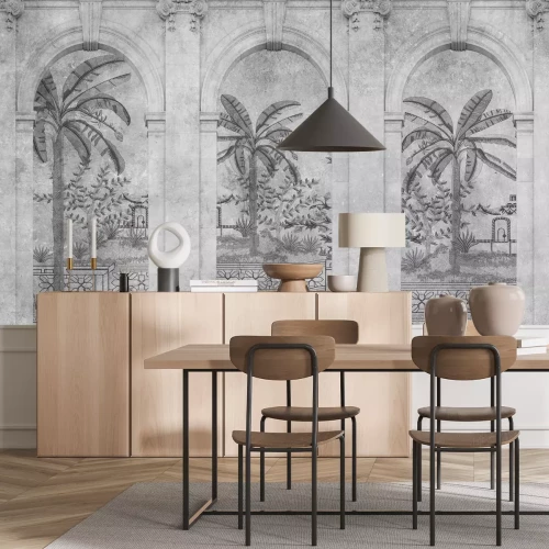 Fotobehang Palmbomen en tropische planten tussen architectonische bogen