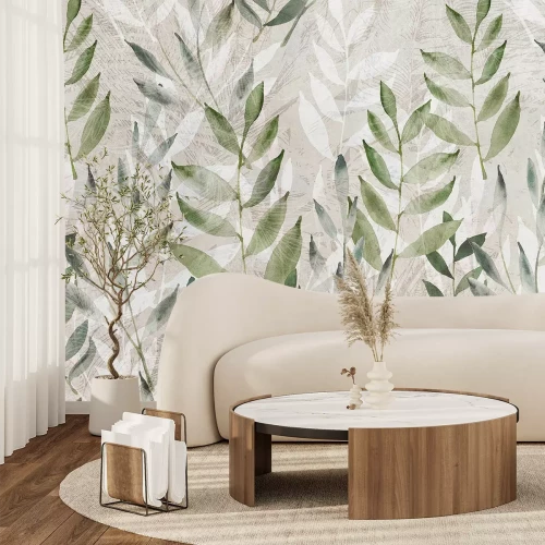 Fotobehang Witte en groene bladeren in aquarelstijl