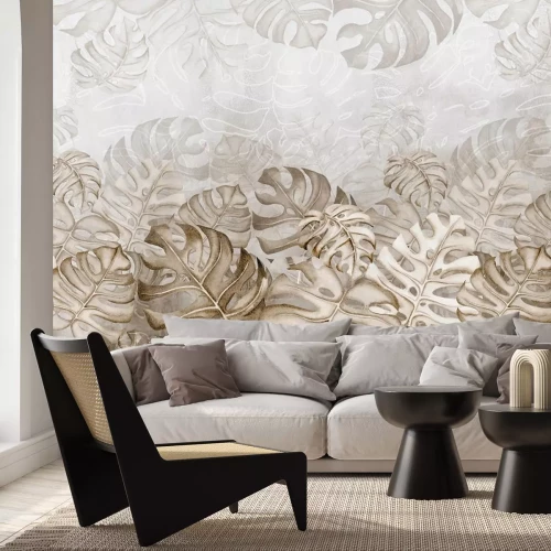 Fotobehang Monsterabladeren op een aquarelachtergrond