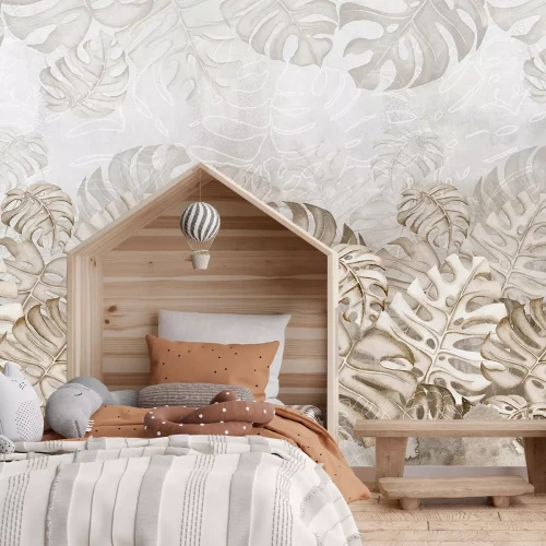 Fotobehang Monsterabladeren op een aquarelachtergrond