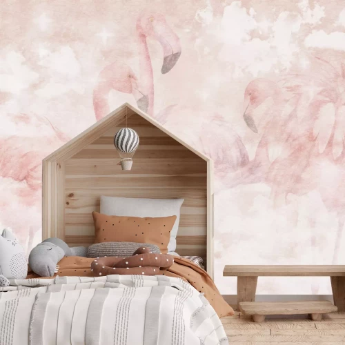 Fotobehang Een muurschildering van roze flamingo's op een gestructureerde achtergrond