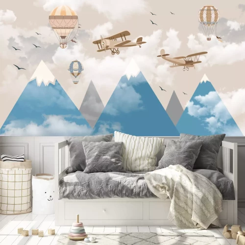 Fotobehang Vliegtuigen in de wolken boven een berglandschap