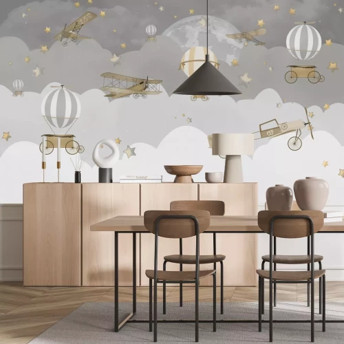 Fotobehang Vliegtuigen en ballonnen tegen een lucht met volle maan