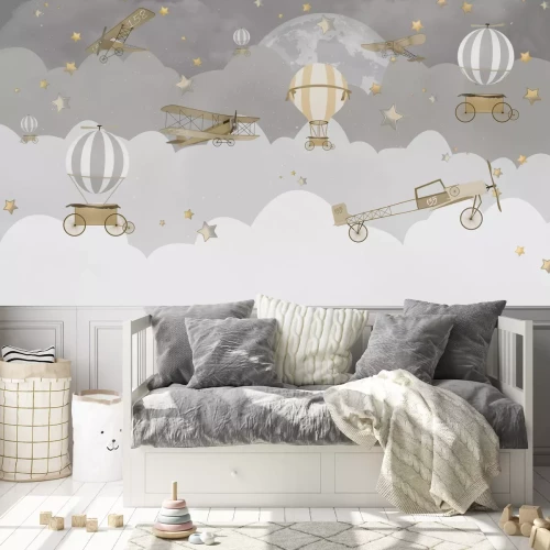 Fotobehang Vliegtuigen en ballonnen tegen een lucht met volle maan