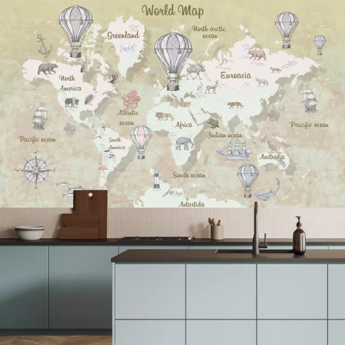 Fotobehang Wereldkaart voor kinderen met dieren