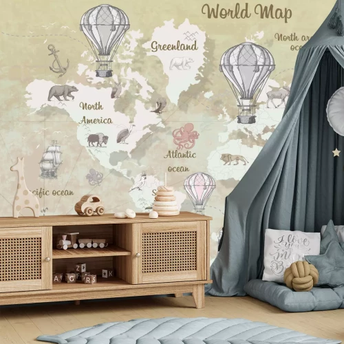 Fotobehang Wereldkaart voor kinderen met dieren