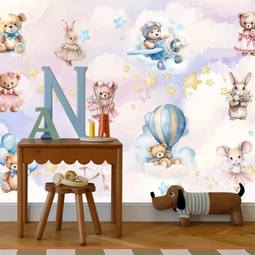 Fotobehang Dieren tegen een pastelkleurige lucht in aquarelstijl