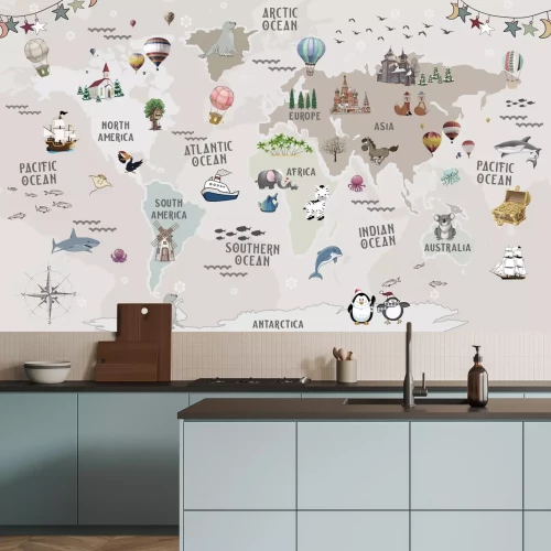 Fotobehang Wereldkaart voor kinderen met dieren en monumenten