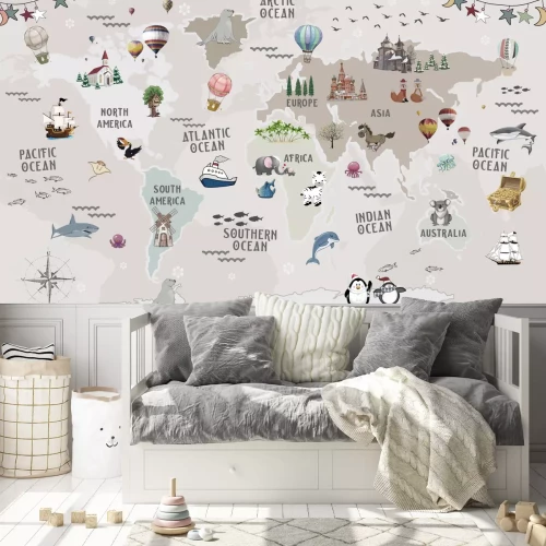 Fotobehang Wereldkaart voor kinderen met dieren en monumenten