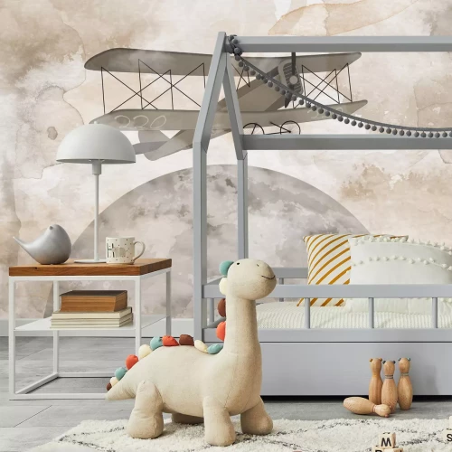 Fotobehang Vliegtuig op een aquarelachtergrond met de maan