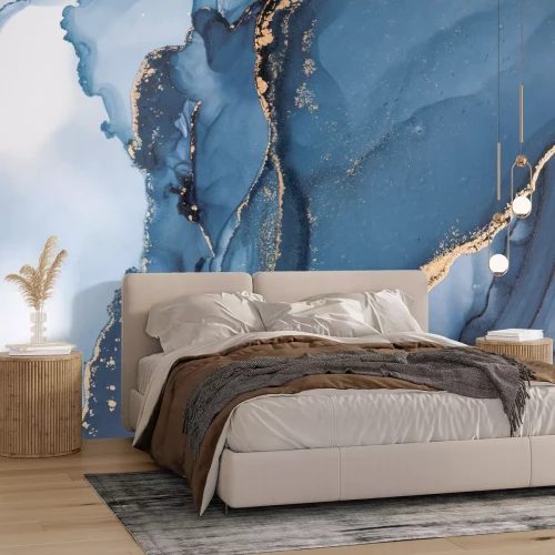 Fotobehang Blauw marmer met goud