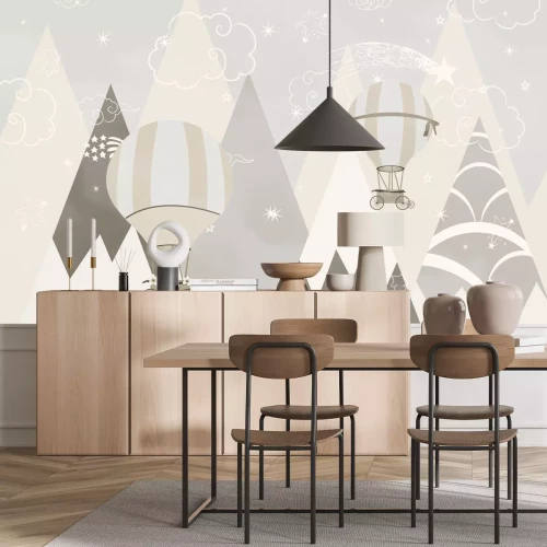 Fotobehang Ballonnen tegen de bergen - illustratie voor kinderen