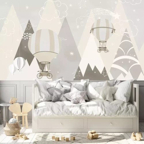 Fotobehang Ballonnen tegen de bergen - illustratie voor kinderen