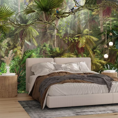 Fotobehang Vogels in de tropische jungle tussen de dichte vegetatie