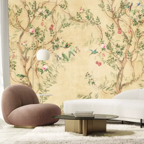 Fotobehang Vogels en bomen met roze bloemen