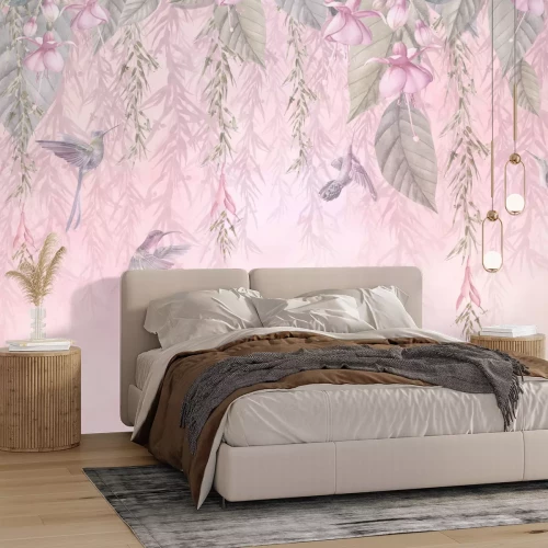 Fotobehang Kolibries tussen bloemen en bladeren op een roze achtergrond