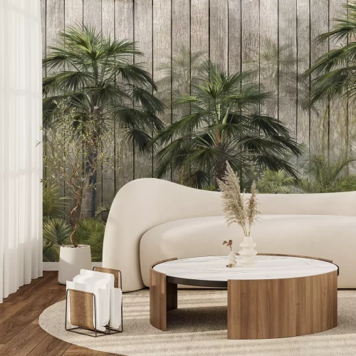 Fotobehang Tropische planten op een achtergrond van houten planken