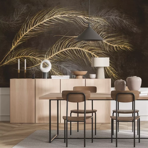 Fotobehang Abstracte 3D gouden veren op een donkere achtergrond