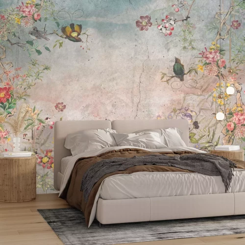 Fotobehang Bloemen en vogels in een kleurrijke tuin