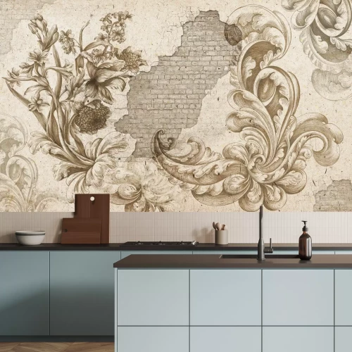 Fotobehang Bloemen en ornamenten op een betonnen achtergrond