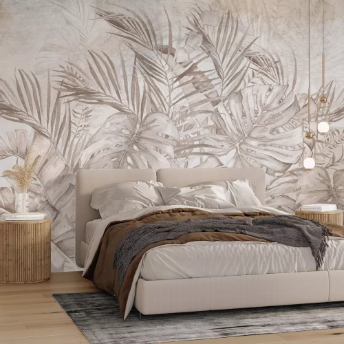Fotobehang Monstera en palmbladeren beige motief