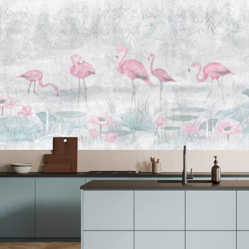 Fotobehang Muurschildering met flamingo's en roze waterlelies