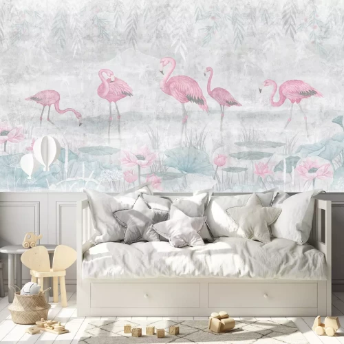 Fotobehang Muurschildering met flamingo's en roze waterlelies